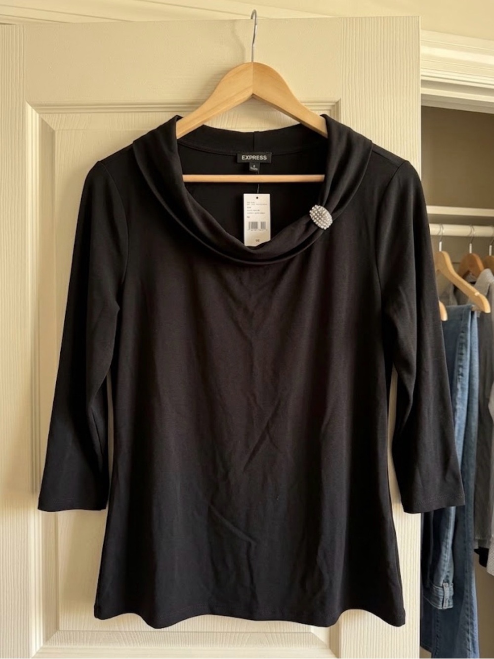 Rafaella Black Cowl Neck Top with Decorative Brooch